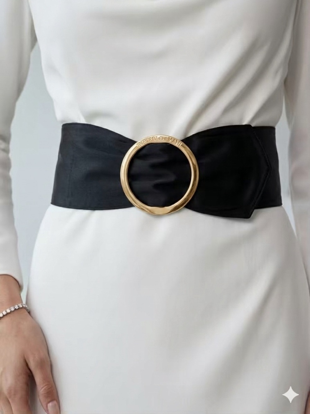 Giorgio Armani Black Wide Waist Silk Fabric Belt with Gold Circle Buckle